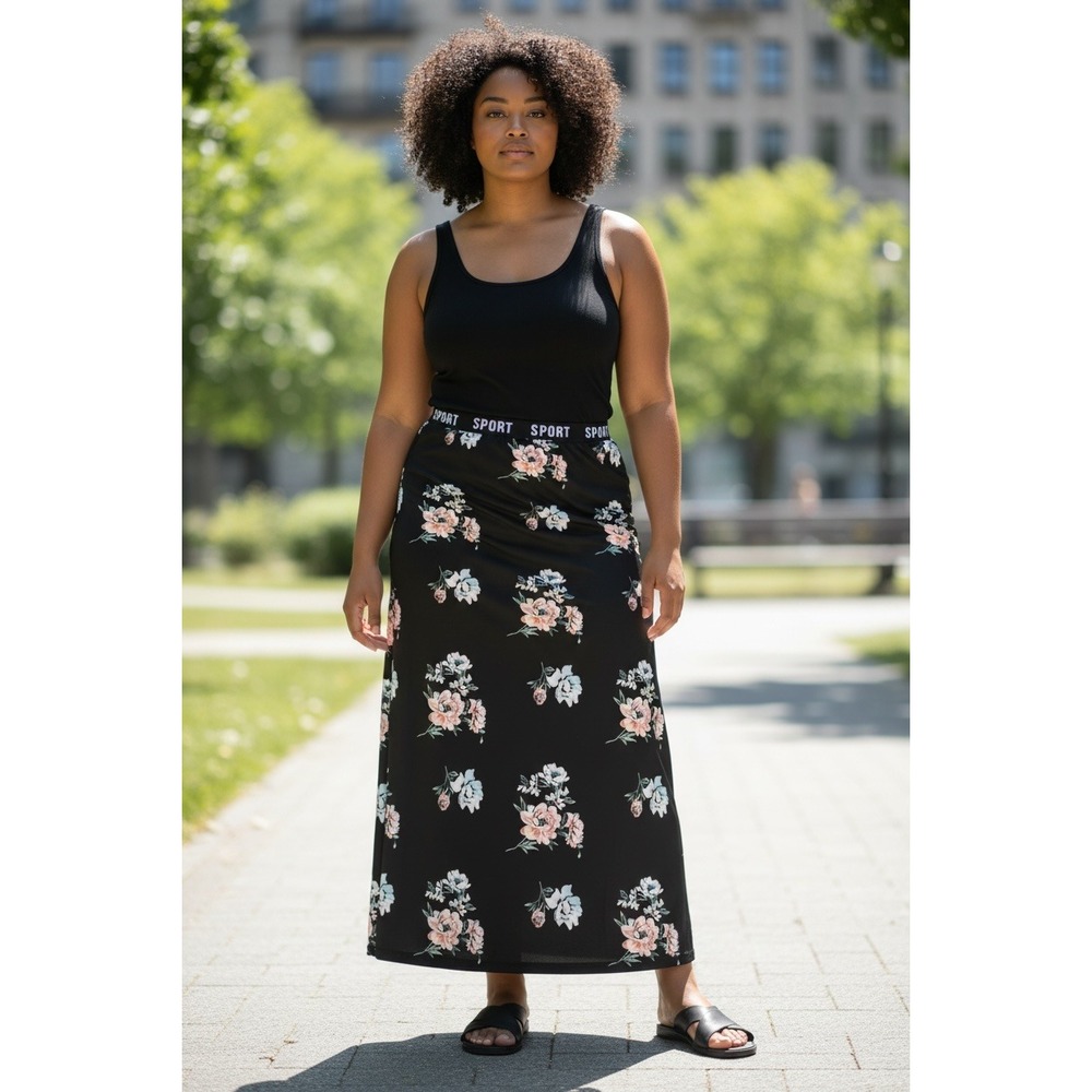 SHEIN Curve Black Floral Maxi Skirt Sport Waistband Plus Size - Picture 3 of 6